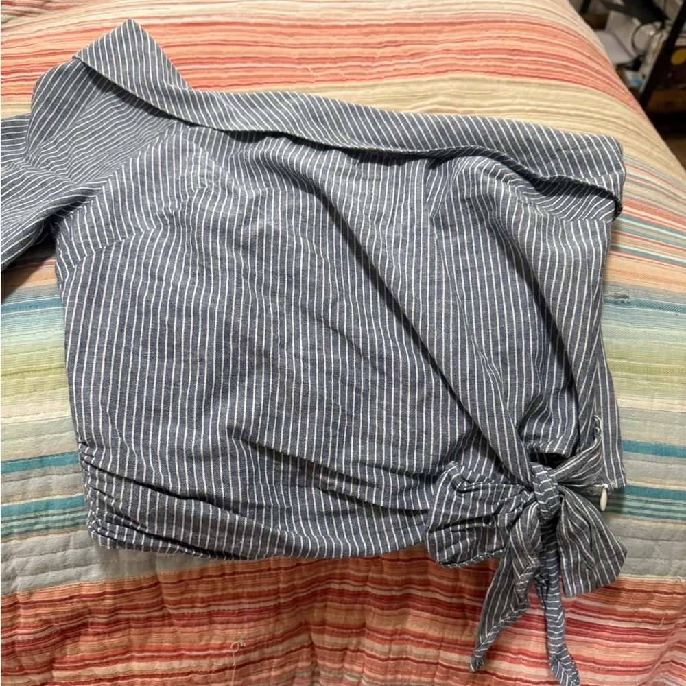 Free People Get Down Blue Pinstripe One-Shoulder Tie Waist Top - Picture 5 of 5